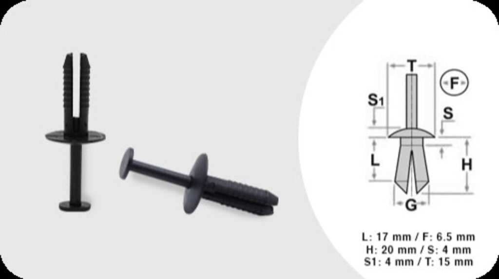 Rivetti Plastica (18 Pezzi)-Lunghezza 17 Mm-Larghezza 4 Mm-Testa 15 Mm-Foro 6.5 Mm Per Bmw X3 - F25 (BM804CL01)