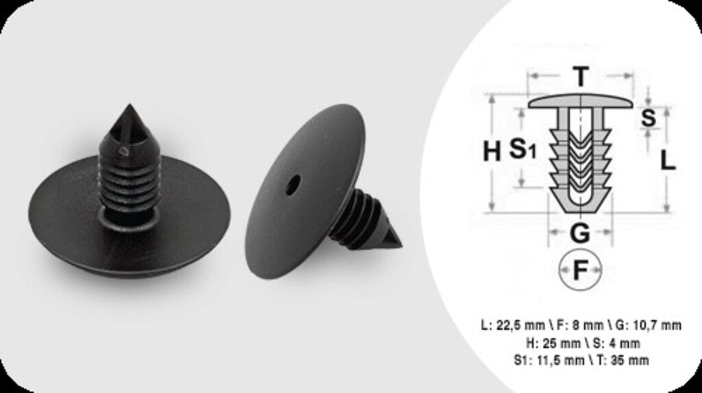 Clips Fissaggio Pannelli (6 Pezzi)-Lunghezza 22.5 Mm-Larghezza 4 Mm-Testa 35 Mm-Foro 8 Mm Per Dacia Duster (DA824CL02)