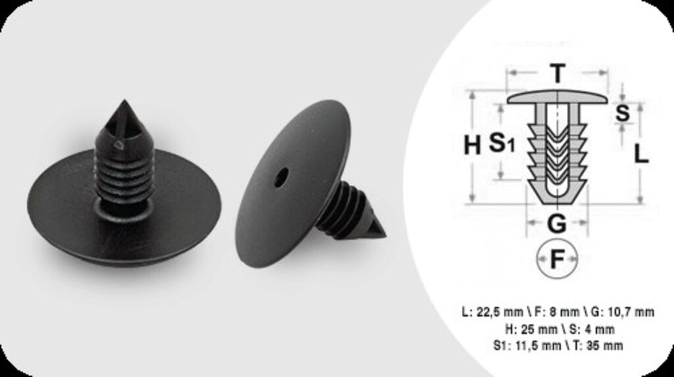 Clips Fissaggio Pannelli (6 Pezzi)-Lunghezza 22.5 Mm-Larghezza 4 Mm-Testa 35 Mm-Foro 8 Mm Per Dacia Duster (DA824CL02)