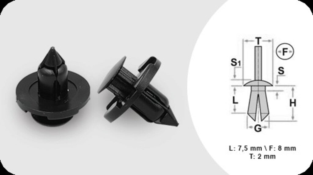 Rivetti Plastica (4 Pezzi)-Lunghezza 7.5 Mm-Larghezza 2 Mm-Testa 20 Mm-Foro 8 Mm Per Nissan Qashqai (j10) (DS710CL01)