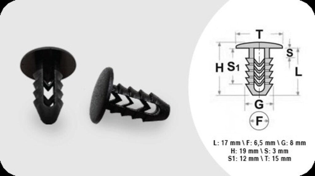 Clips Fissaggio Pannelli (48 Pezzi)-Lunghezza 17 Mm-Larghezza 3 Mm-Testa 15 Mm-Foro 6,50 Mm Per Fiat Panda (FT124CL04)