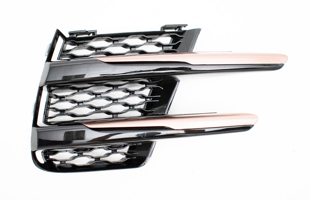 Griglia Destra Paraurti Anteriore-Inferiore-Nera-Lucida-Con Modanatura Bronzo-Cromata Mod. R-Dynamic Per Land Rover Range Rover Velar (LR7502123)