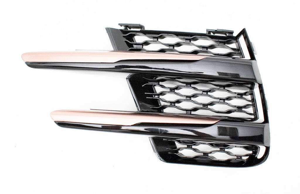 Griglia Sinistra Paraurti Anteriore-Inferiore-Nera-Lucida-Con Modanatura Bronzo-Cromata Mod. R-Dynamic Per Land Rover Range Rover Velar (LR7502124)