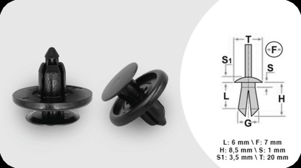 Rivetti Plastica (4 Pezzi)-Lunghezza 6 Mm-Larghezza 1 Mm-Testa 20 Mm-Foro 7 Mm Per Toyota Yaris Verso (TY326CL01)