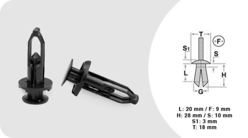 Rivetti Plastica (5 Pezzi)-Lunghezza 20 Mm-Larghezza 10 Mm-Testa 18 Mm-Foro 9 Mm Per Toyota Hilux Pick Up (TY816CL01)